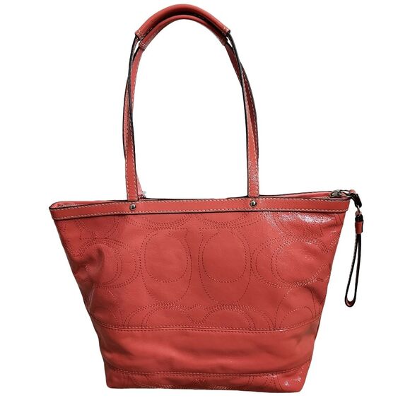 Coach Signature Stitch Patent Leather Tote Shoulder Bag Mango/Coral/Orange NWT - Picture 2 of 12
